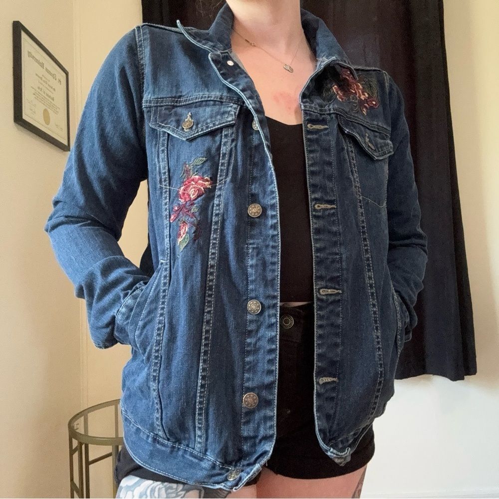 Denim Jean Jacket with Embroidered Roses
